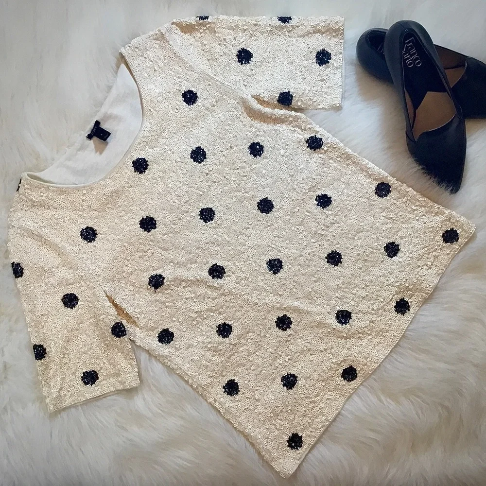 J. Crew Sequin Ivory and Black Polka Dot Top - Picture 11 of 16